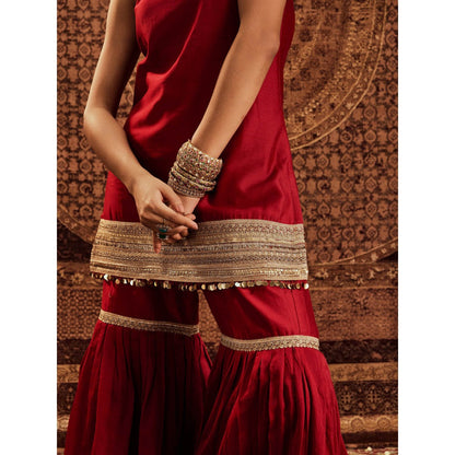 Roze Sultana Red Sleeveless Kurta with Sharara & Dupatta (Set of 3)