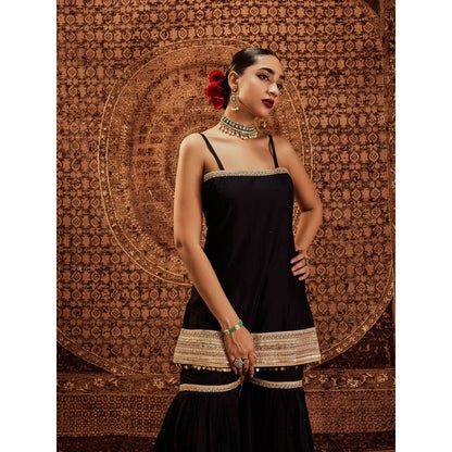 Roze Sultana Black Sleeveless Kurta with Sharara & Dupatta (Set of 3)