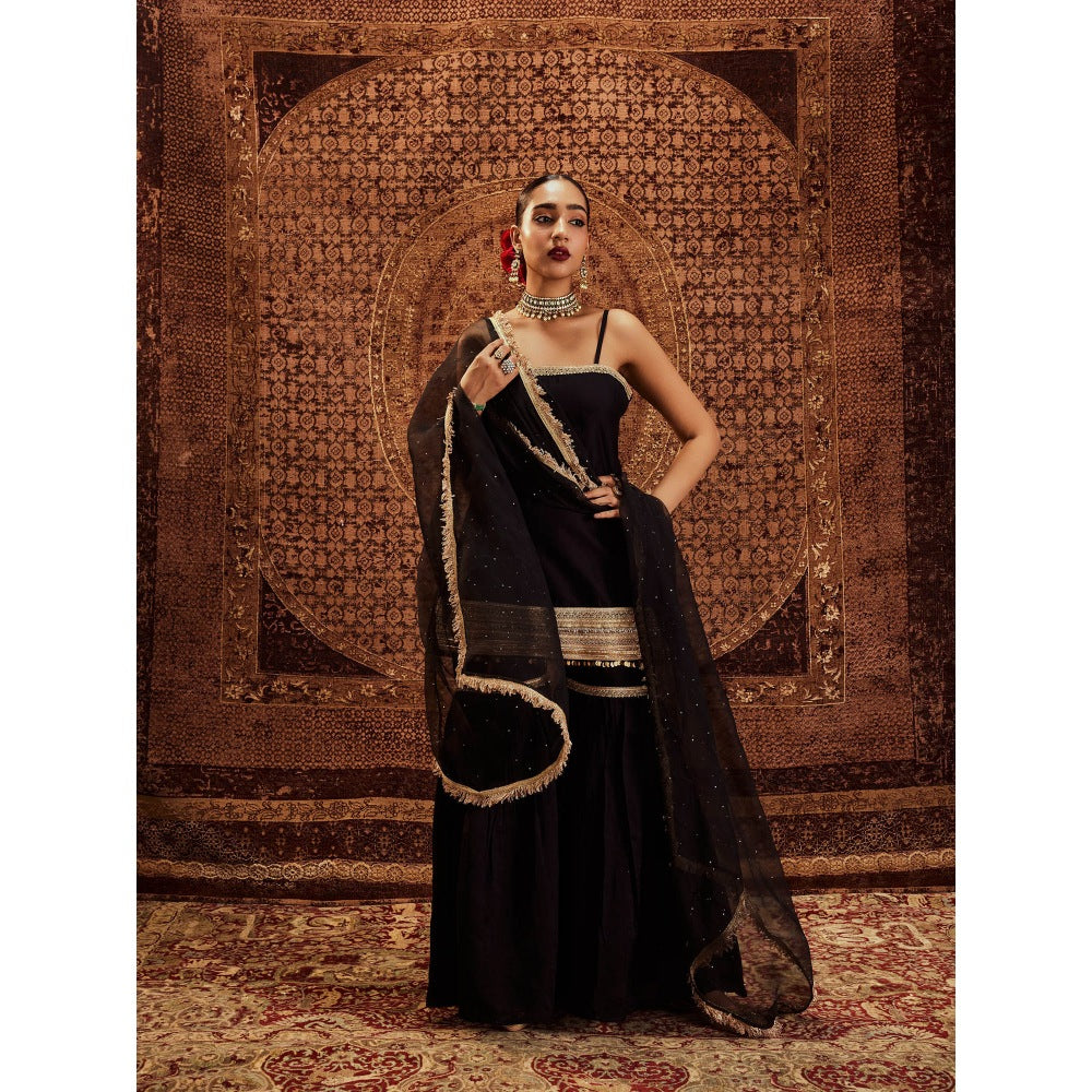 Roze Sultana Black Sleeveless Kurta with Sharara & Dupatta (Set of 3)