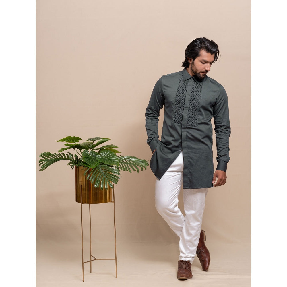 Runit Gupta Smoke Grey Smocking Short Kurta-Tuxedo Shirt (Set of 2)