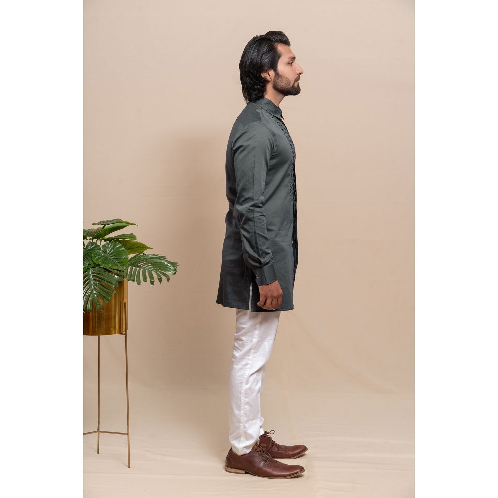 Runit Gupta Smoke Grey Smocking Short Kurta-Tuxedo Shirt (Set of 2)