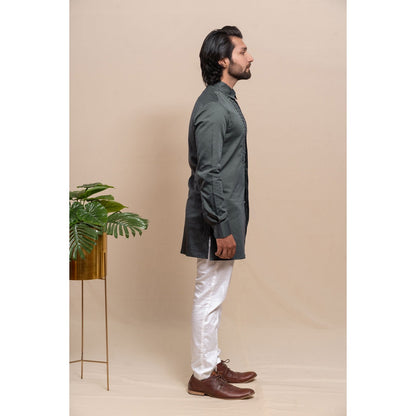 Runit Gupta Smoke Grey Smocking Short Kurta-Tuxedo Shirt (Set of 2)