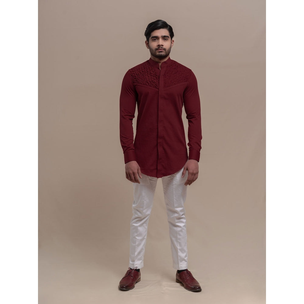 Runit Gupta Maroon Smocking Short Kurta-Tuxedo Shirt (Set of 2)