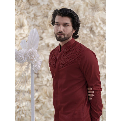 Runit Gupta Maroon Smocking Short Kurta-Tuxedo Shirt (Set of 2)