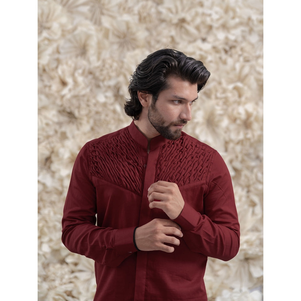 Runit Gupta Maroon Smocking Short Kurta-Tuxedo Shirt (Set of 2)