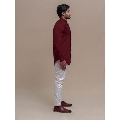 Runit Gupta Maroon Smocking Short Kurta-Tuxedo Shirt (Set of 2)