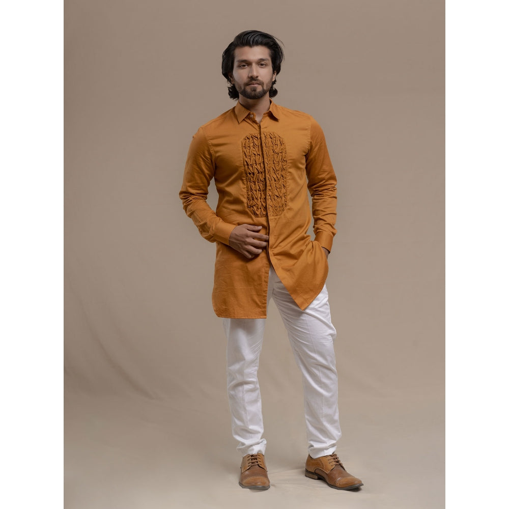 Runit Gupta Ochre Smocking Short Kurta-Tuxedo Shirt (Set of 2)