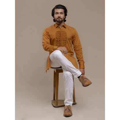 Runit Gupta Ochre Smocking Short Kurta-Tuxedo Shirt (Set of 2)