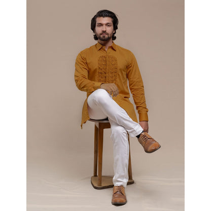 Runit Gupta Ochre Smocking Short Kurta-Tuxedo Shirt (Set of 2)