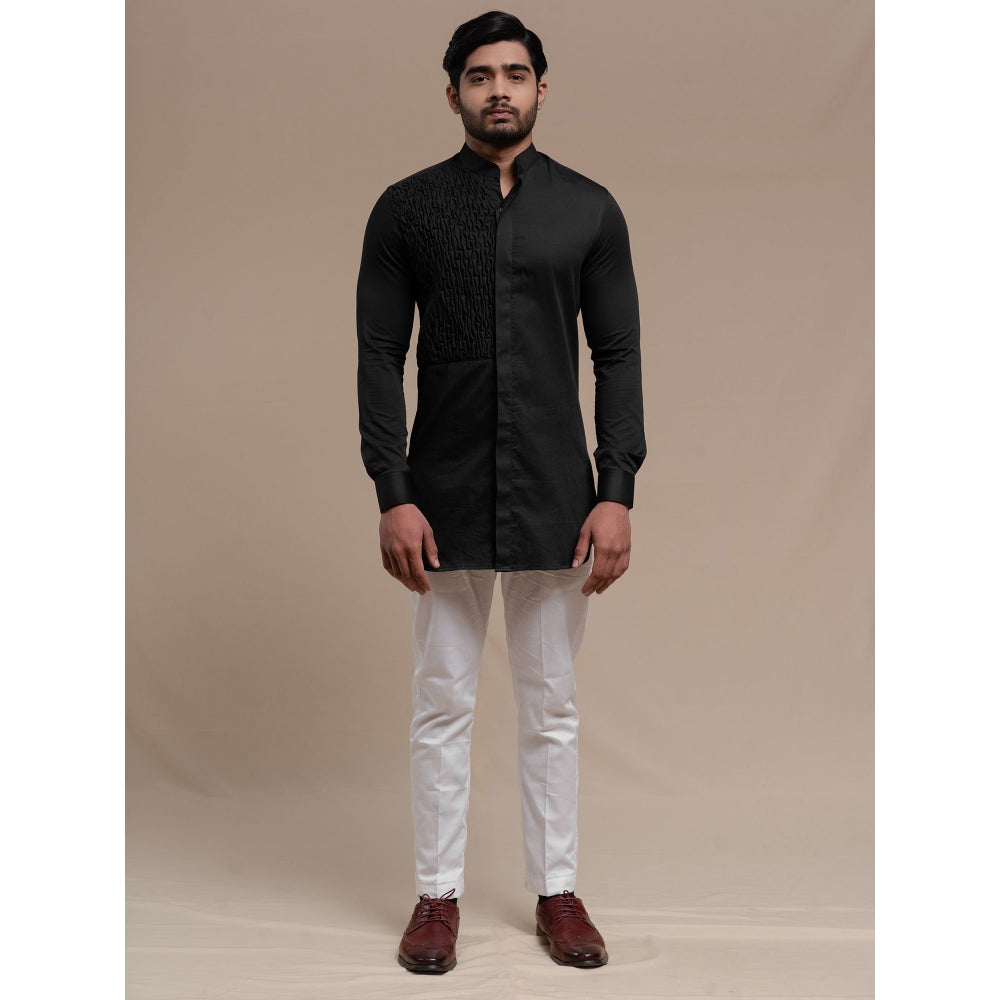 Runit Gupta Black Smocking Short Kurta-Tuxedo Shirt (Set of 2)