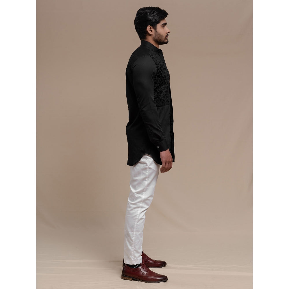 Runit Gupta Black Smocking Short Kurta-Tuxedo Shirt (Set of 2)