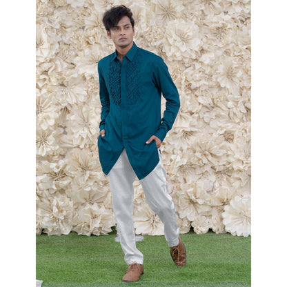 Runit Gupta Bluesmocking Short Kurta-Tuxedo Shirt (Set of 2)