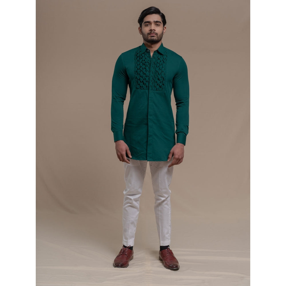 Runit Gupta Teal Smocking Short Kurta-Tuxedo Shirt (Set of 2)