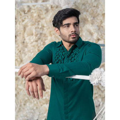 Runit Gupta Teal Smocking Short Kurta-Tuxedo Shirt (Set of 2)