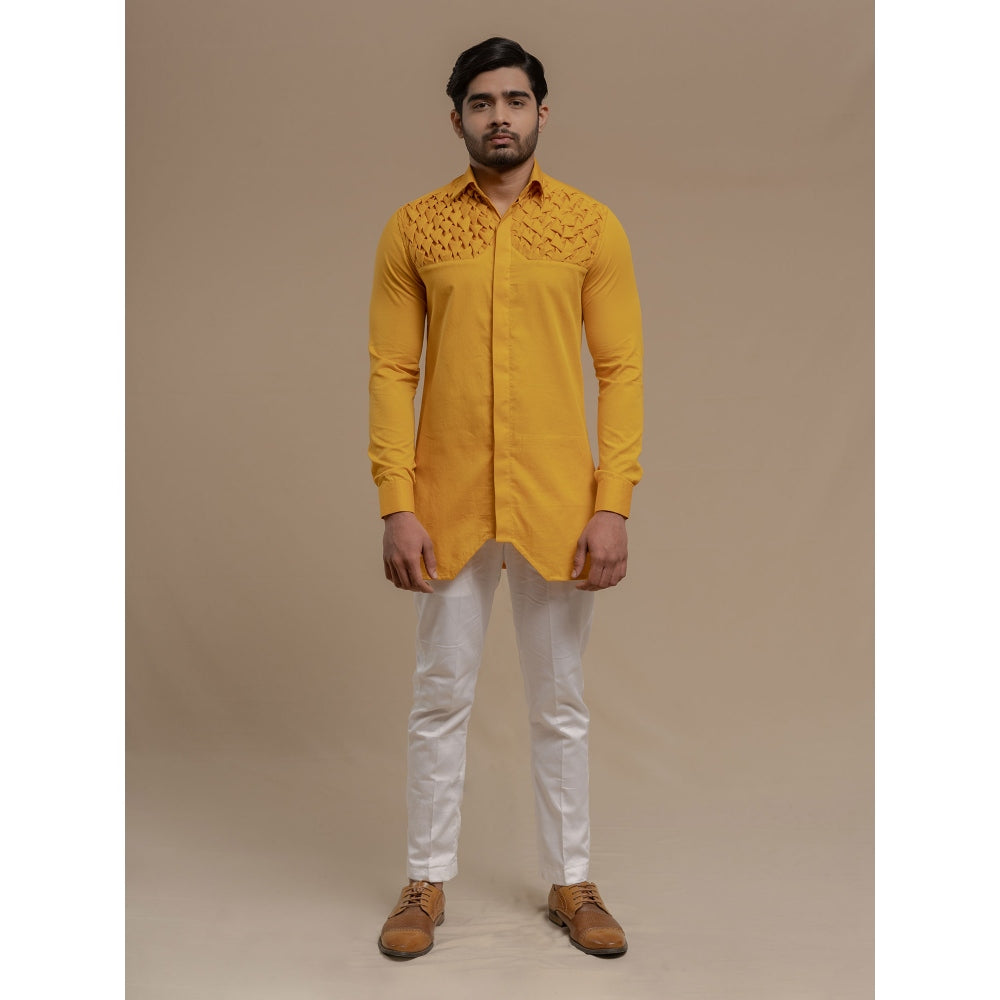 Runit Gupta Mustard Smocking Short Kurta-Tuxedo Shirt (Set of 2)