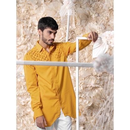 Runit Gupta Mustard Smocking Short Kurta-Tuxedo Shirt (Set of 2)
