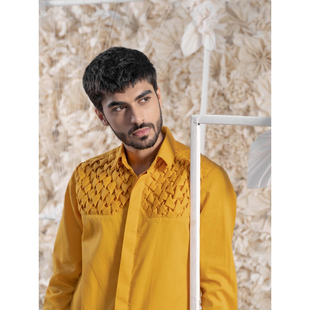 Runit Gupta Mustard Smocking Short Kurta-Tuxedo Shirt (Set of 2)
