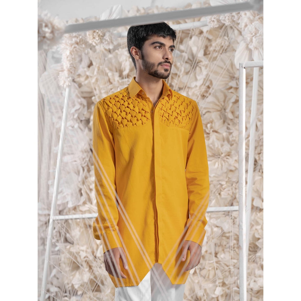 Runit Gupta Mustard Smocking Short Kurta-Tuxedo Shirt (Set of 2)