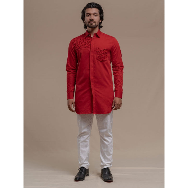 Runit Gupta Red Smocking Short Kurta-Tuxedo Shirt (Set of 2)