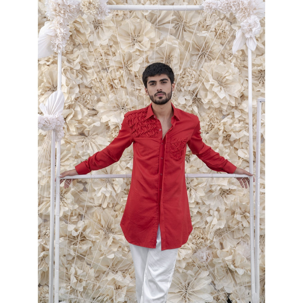 Runit Gupta Red Smocking Short Kurta-Tuxedo Shirt (Set of 2)