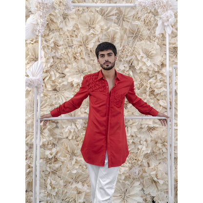 Runit Gupta Red Smocking Short Kurta-Tuxedo Shirt (Set of 2)