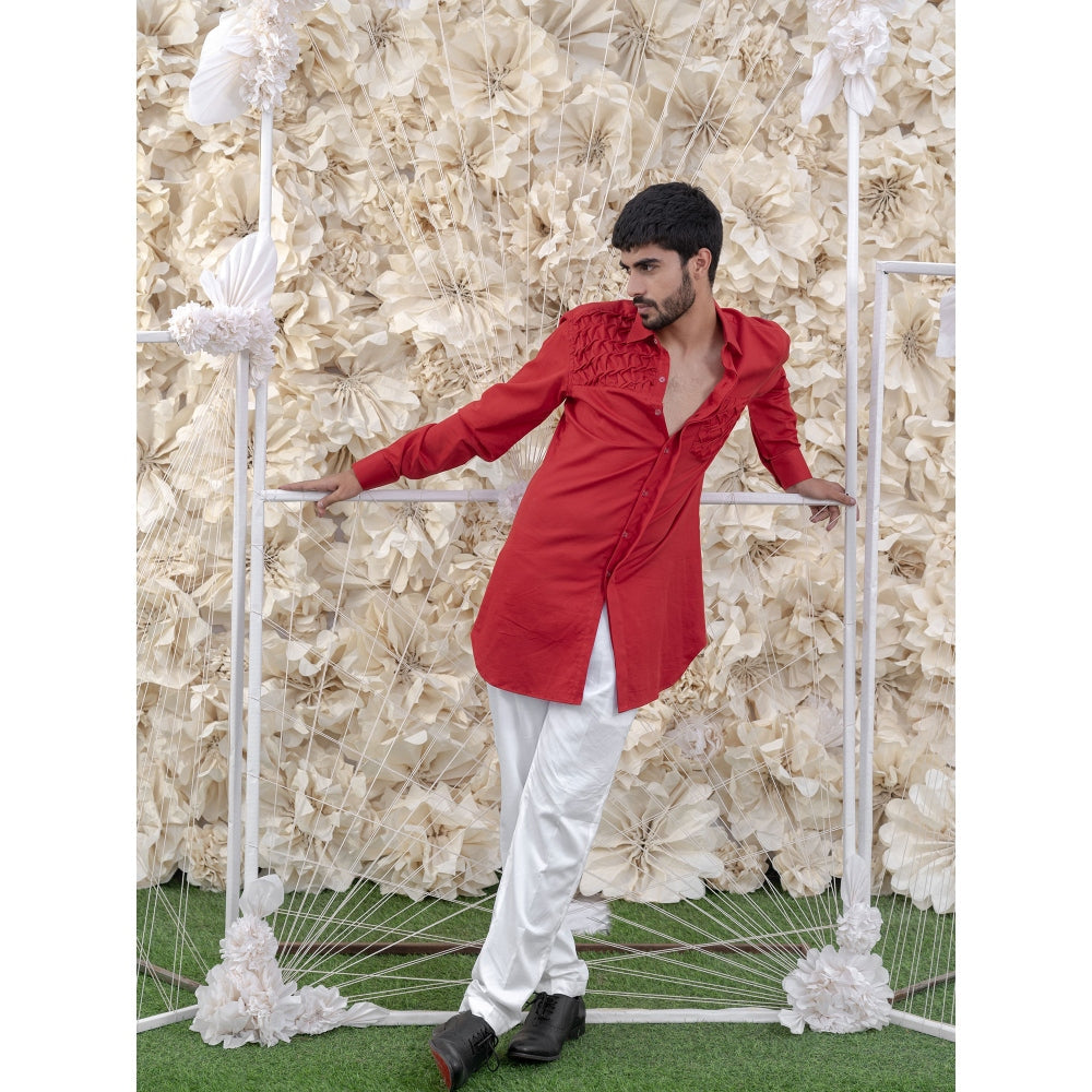 Runit Gupta Red Smocking Short Kurta-Tuxedo Shirt (Set of 2)