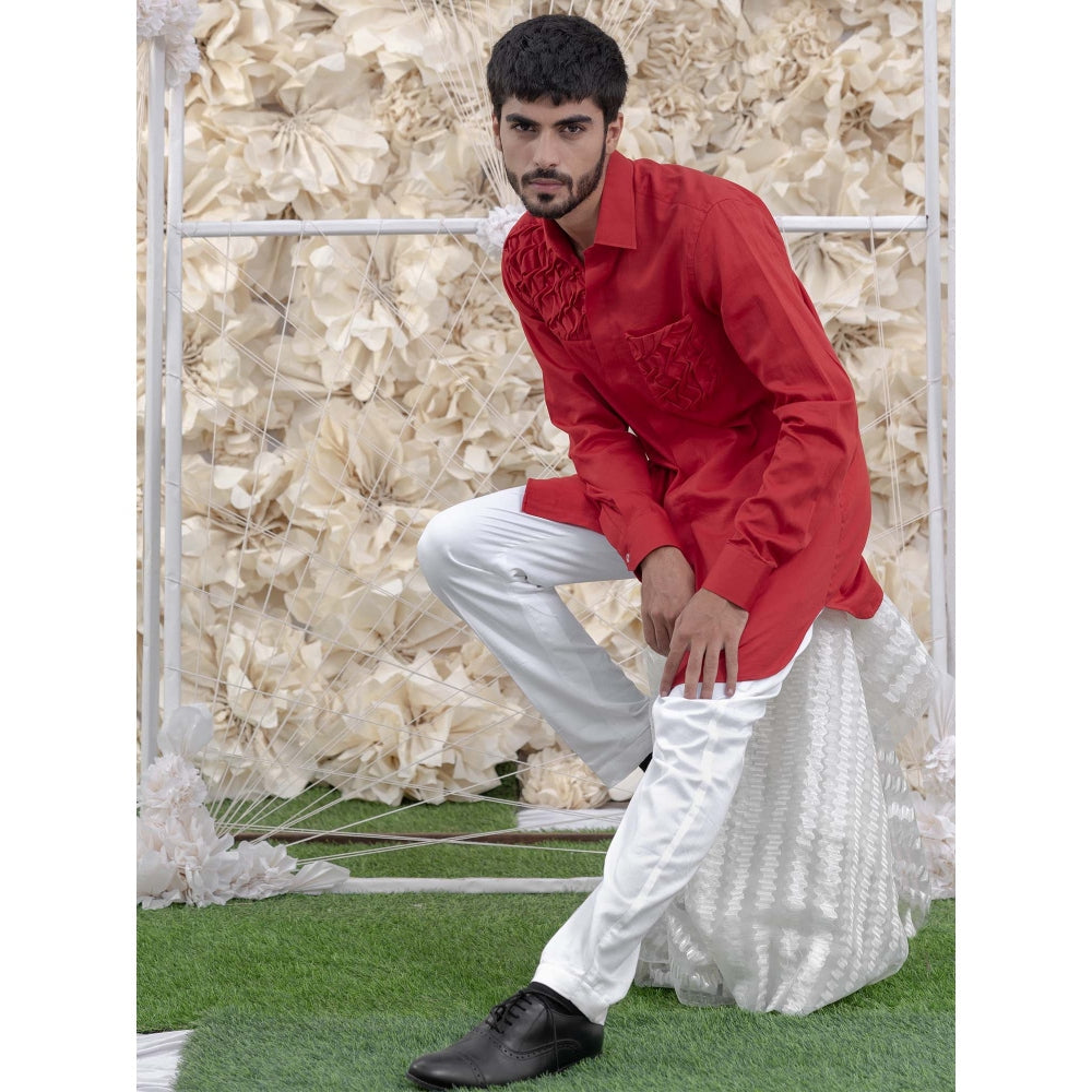 Runit Gupta Red Smocking Short Kurta-Tuxedo Shirt (Set of 2)