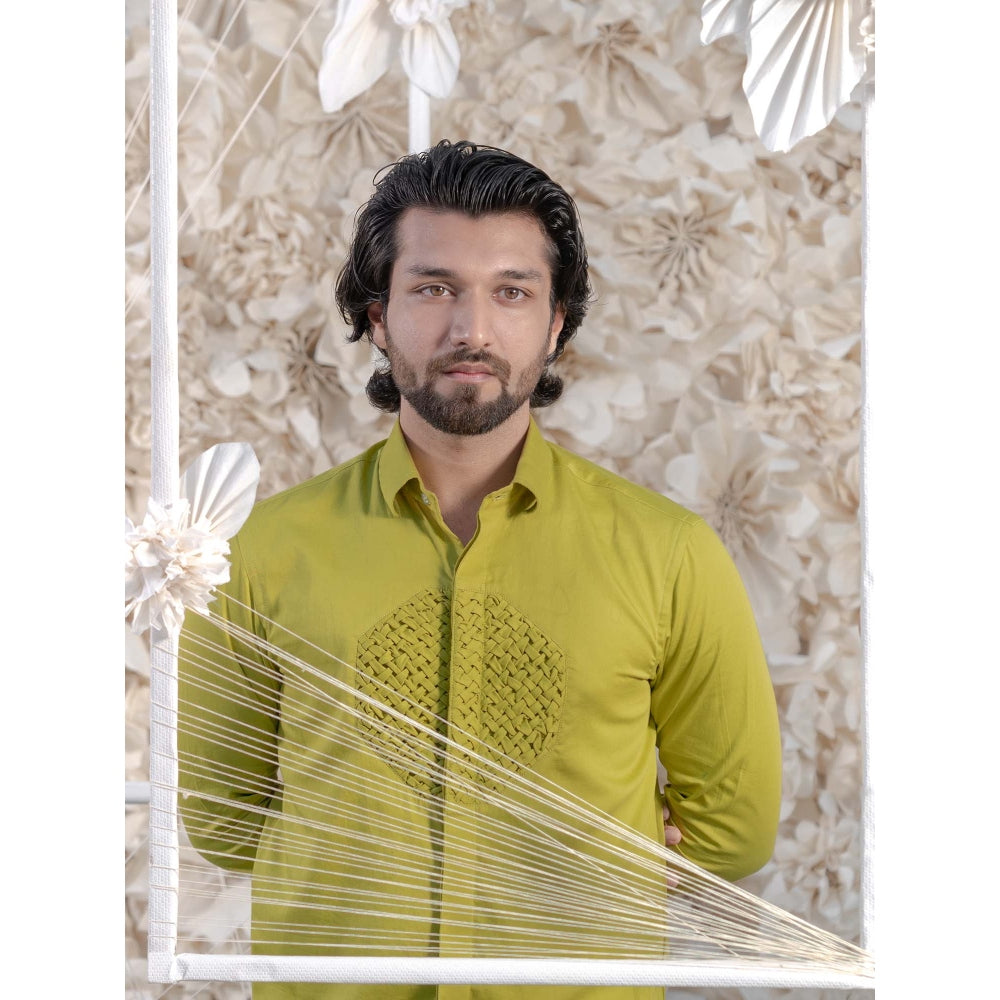 Runit Gupta Green Smocking Short Kurta-Tuxedo Shirt (Set of 2)