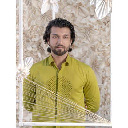Runit Gupta Green Smocking Short Kurta-Tuxedo Shirt (Set of 2)