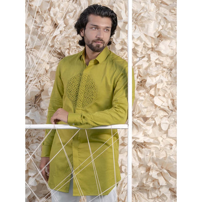 Runit Gupta Green Smocking Short Kurta-Tuxedo Shirt (Set of 2)