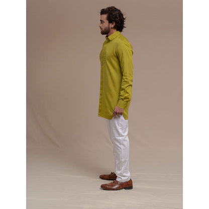 Runit Gupta Green Smocking Short Kurta-Tuxedo Shirt (Set of 2)