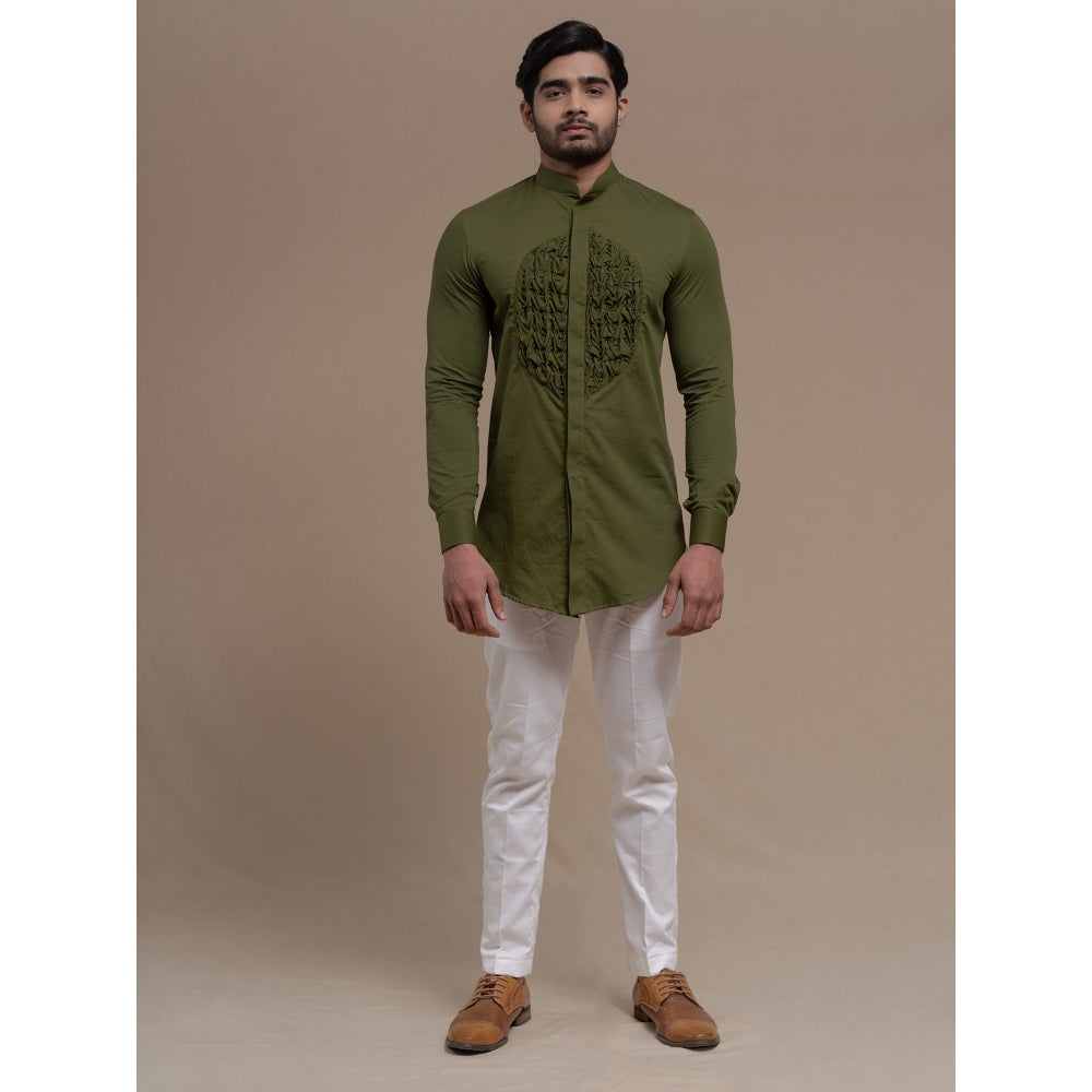 Runit Gupta Olive Smocking Short Kurta-Tuxedo Shirt (Set of 2)