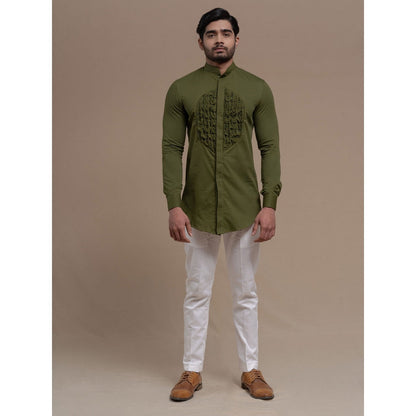 Runit Gupta Olive Smocking Short Kurta-Tuxedo Shirt (Set of 2)