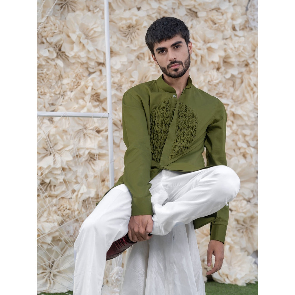 Runit Gupta Olive Smocking Short Kurta-Tuxedo Shirt (Set of 2)