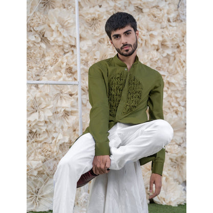 Runit Gupta Olive Smocking Short Kurta-Tuxedo Shirt (Set of 2)