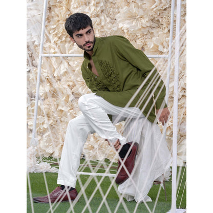 Runit Gupta Olive Smocking Short Kurta-Tuxedo Shirt (Set of 2)