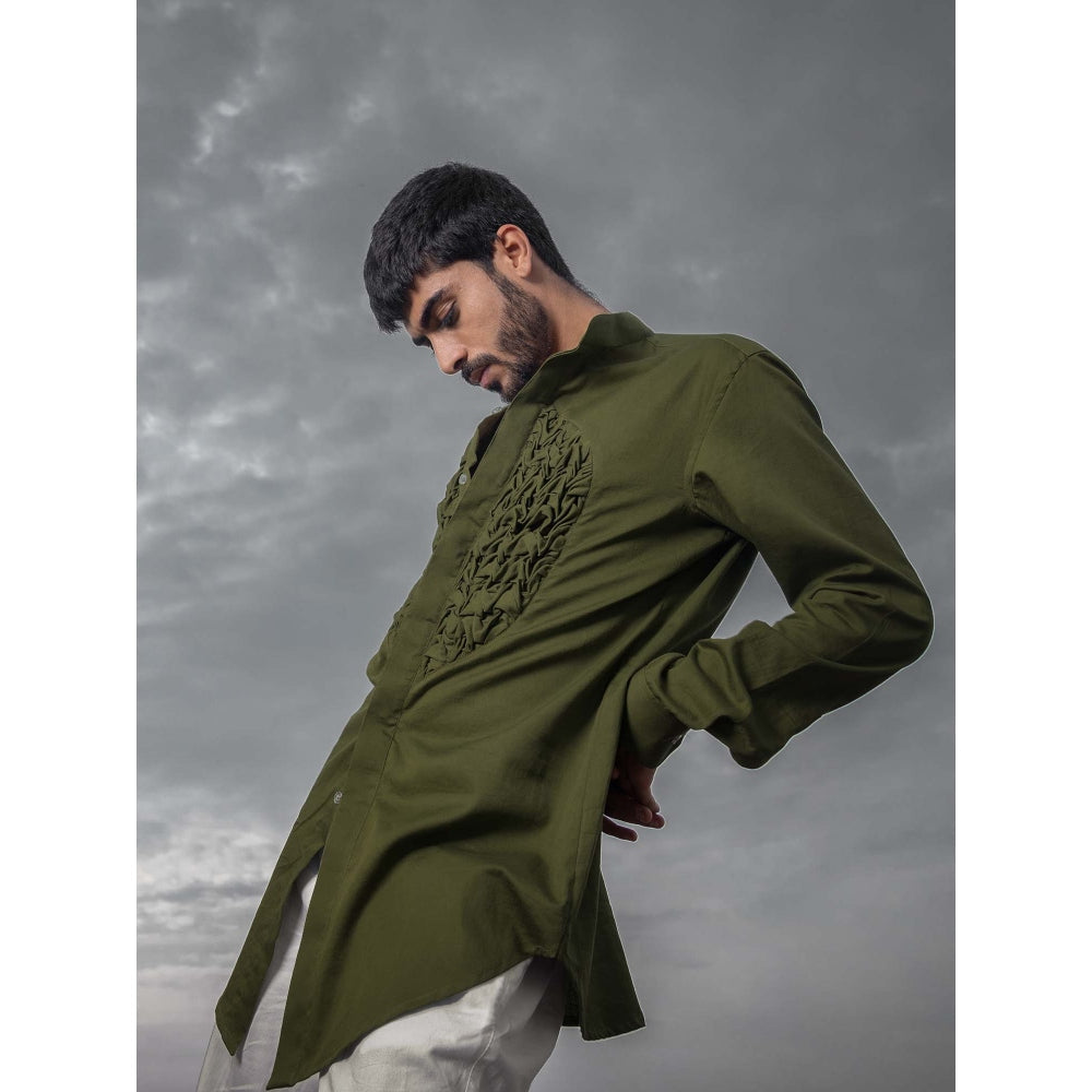 Runit Gupta Olive Smocking Short Kurta-Tuxedo Shirt (Set of 2)