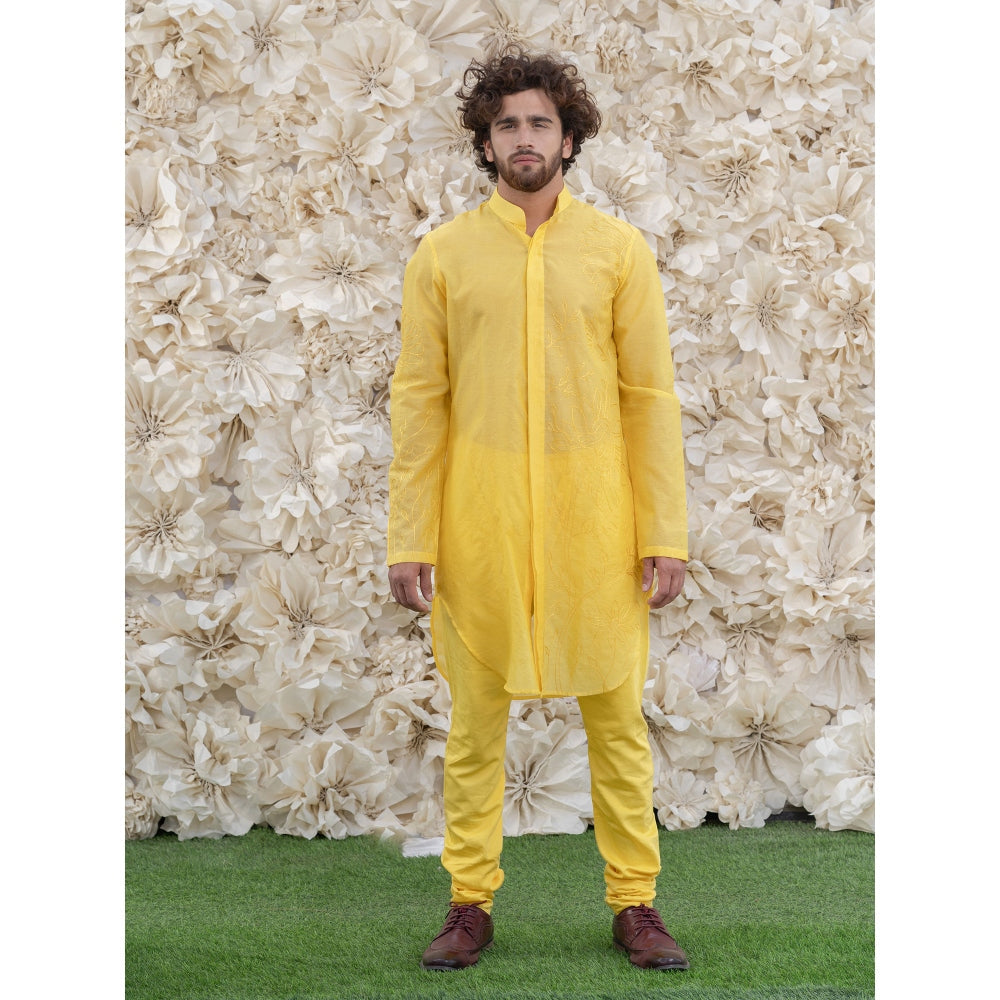 Runit Gupta Yellow Embroidered Kurta (Set of 2)