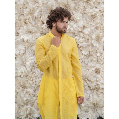 Runit Gupta Yellow Embroidered Kurta (Set of 2)