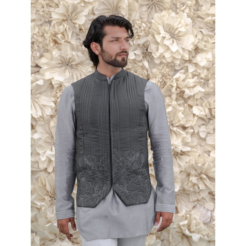 Runit Gupta Grey Handquilted Silk Half Jacket