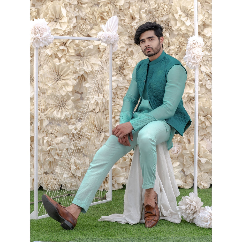 Runit Gupta Turquoise Handquilted Silk Half Jacket
