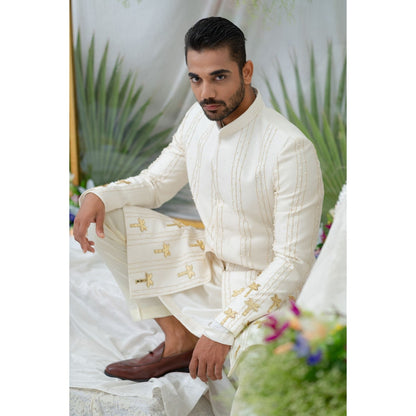 Runit Gupta Amir Off White Embroidered Sherwani Kurta with Pyjama (Set of 3)