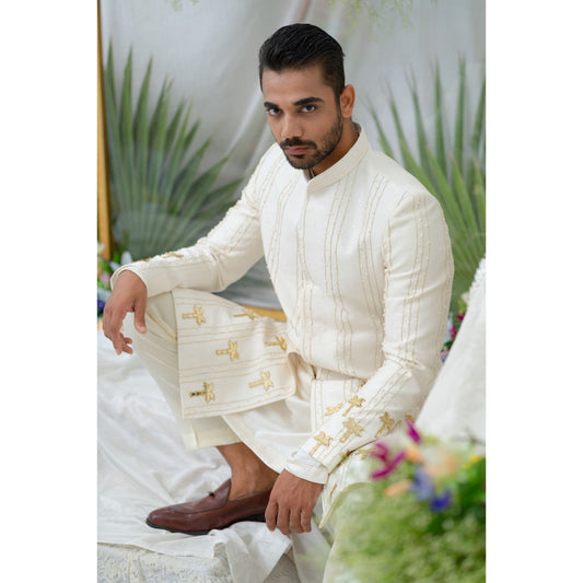 Runit Gupta Amir Off White Embroidered Sherwani Kurta with Pyjama (Set of 3)