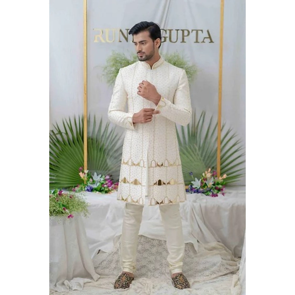 Runit Gupta Amey Off White Embroidered Sherwani Kurta with Churidar (Set of 3)