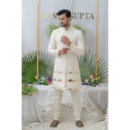 Runit Gupta Amey Off White Embroidered Sherwani Kurta with Churidar (Set of 3)