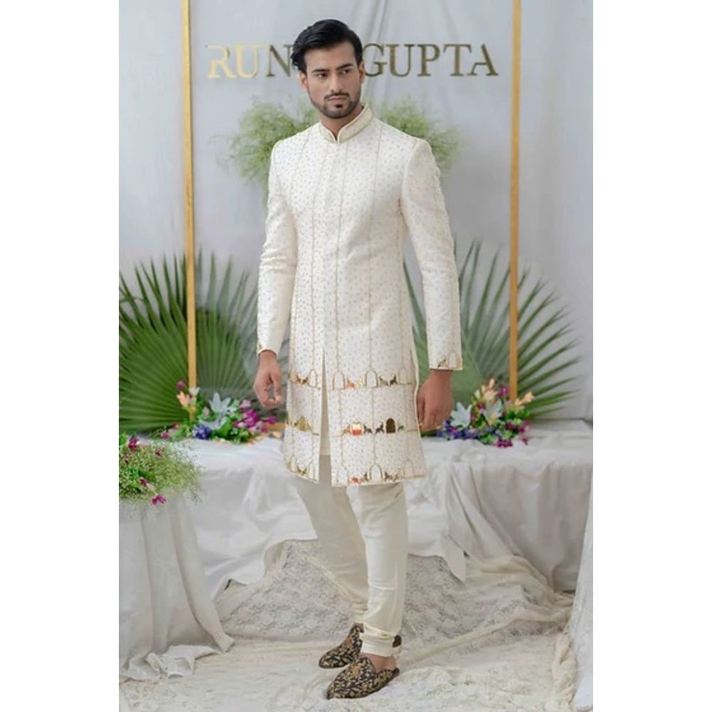 Runit Gupta Amey Off White Embroidered Sherwani Kurta with Churidar (Set of 3)
