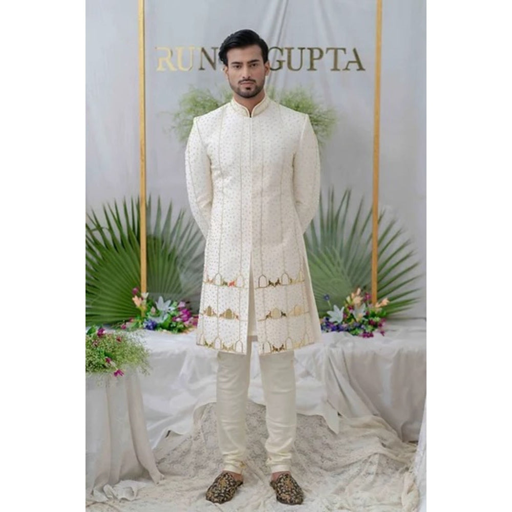 Runit Gupta Amey Off White Embroidered Sherwani Kurta with Churidar (Set of 3)