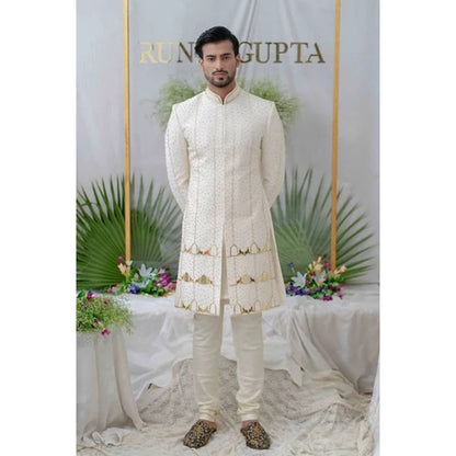Runit Gupta Amey Off White Embroidered Sherwani Kurta with Churidar (Set of 3)