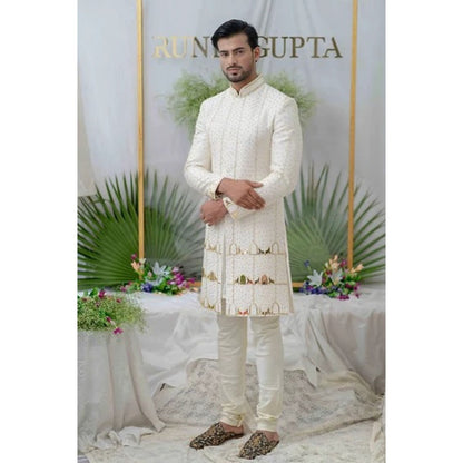 Runit Gupta Amey Off White Embroidered Sherwani Kurta with Churidar (Set of 3)