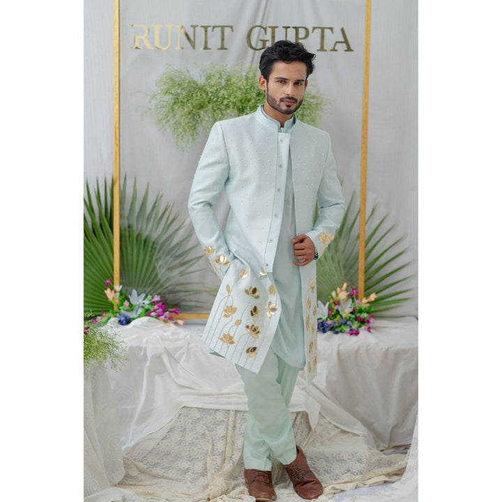 Runit Gupta Aayan Lotus Powder Blue Embroidered Sherwani Kurta with Pyjama (Set of 3)